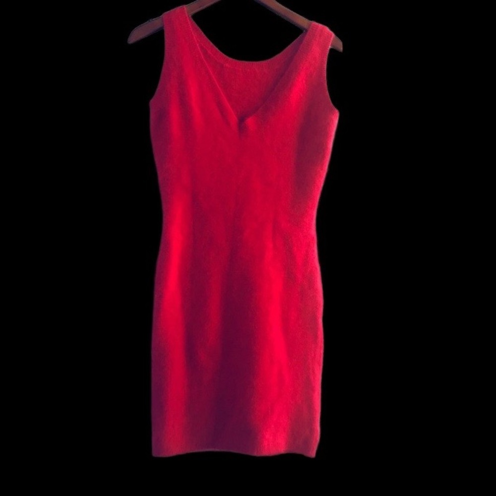 VTG RINZI RABBIT wool V neck red mini dress Medium Vintage Hong Kong EUC